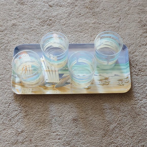 Five Piece Beach Motif Glass and Tray Set - Picture 6 of 6